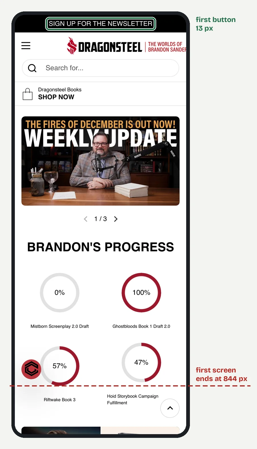 Brandon Sanderson's home page on a 390 px phone screen, with the black "Sign up for the newsletter" bar across the very top, the Dragonsteel logo and menu below it, then a "Shop now" link and the weekly update video.