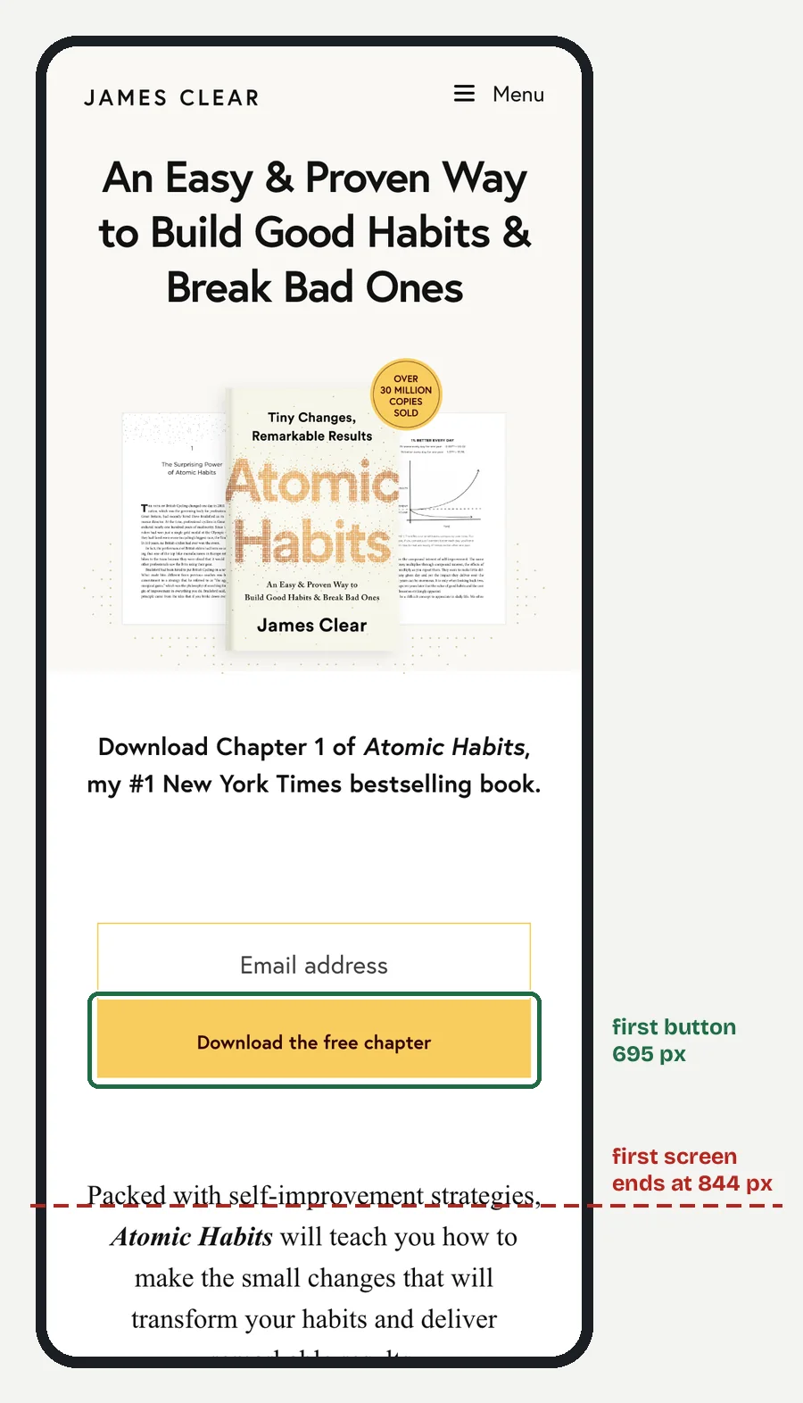 James Clear's home page on a 390 px phone screen: the headline, the Atomic Habits cover, and an email field with a yellow "Download the free chapter" button.