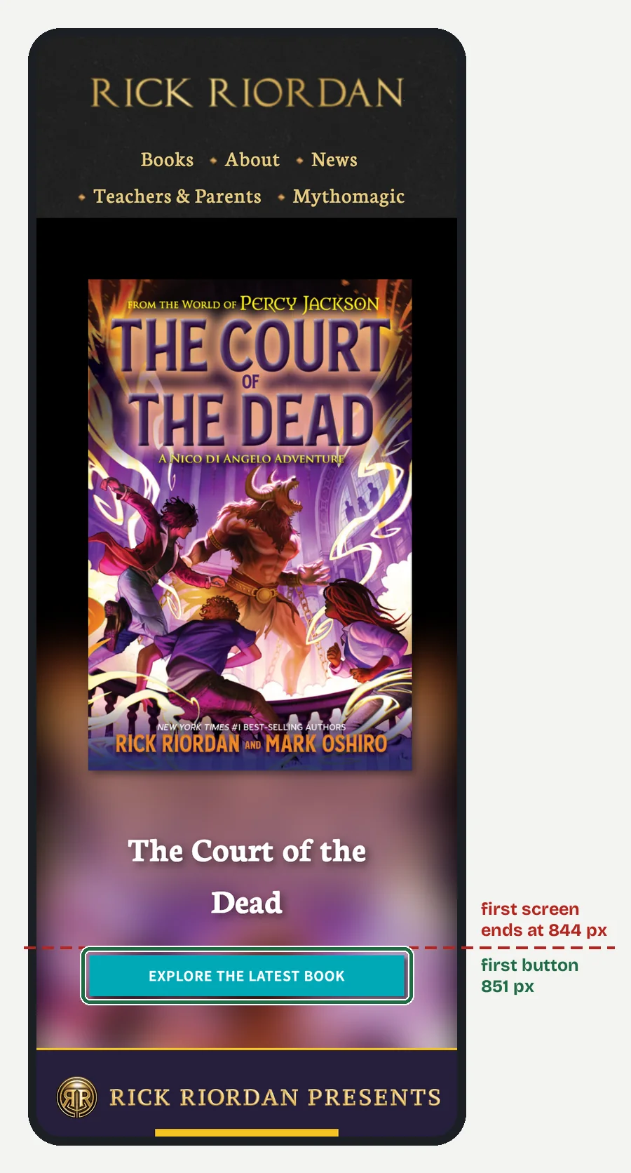 Rick Riordan's home page on a 390 px phone screen: the gold Rick Riordan name, a five-item menu, then the cover of The Court of the Dead filling the rest of the screen.