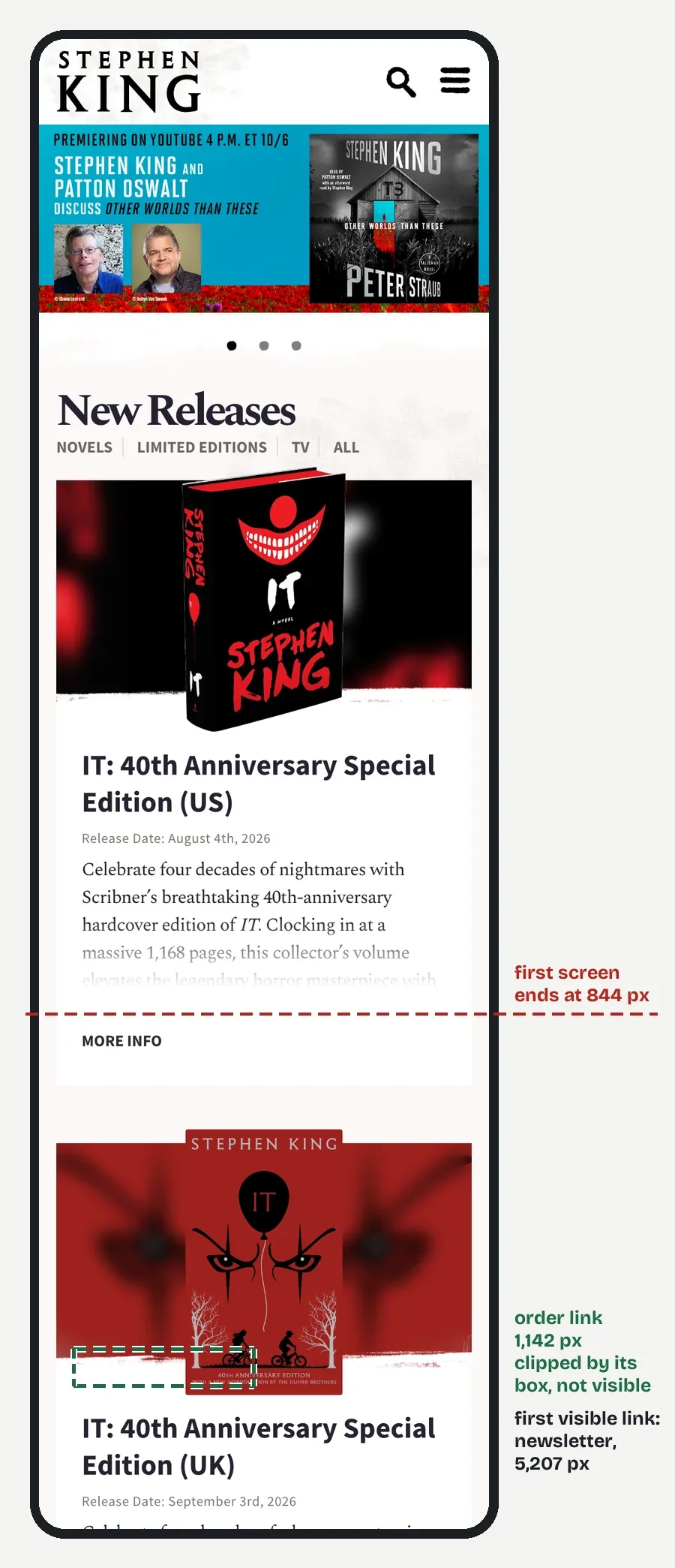 Stephen King's home page on a 390 px phone screen, opening on the New Releases section, with the IT 40th Anniversary edition and an "Order your copy here" link cut off by its box.