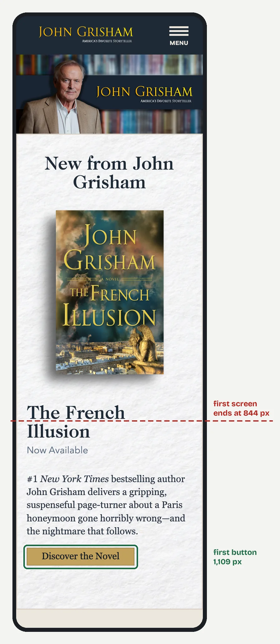 John Grisham's home page on a 390 px phone screen, opening on "New from John Grisham" and the cover of The French Illusion.