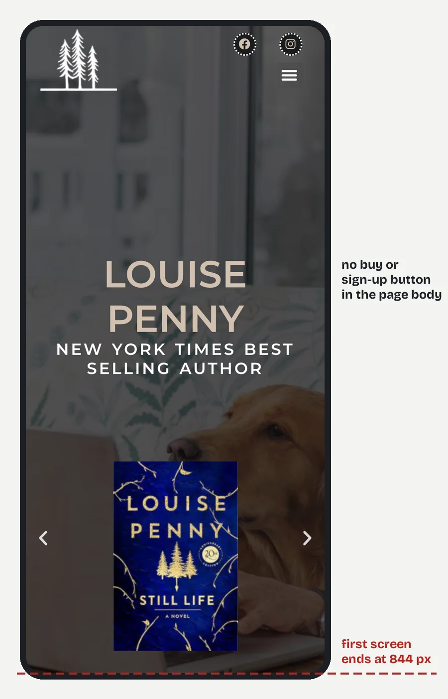 Louise Penny's home page on a 390 px phone screen: a tree logo, her name over a photo, and a book cover carousel at the bottom of the screen.