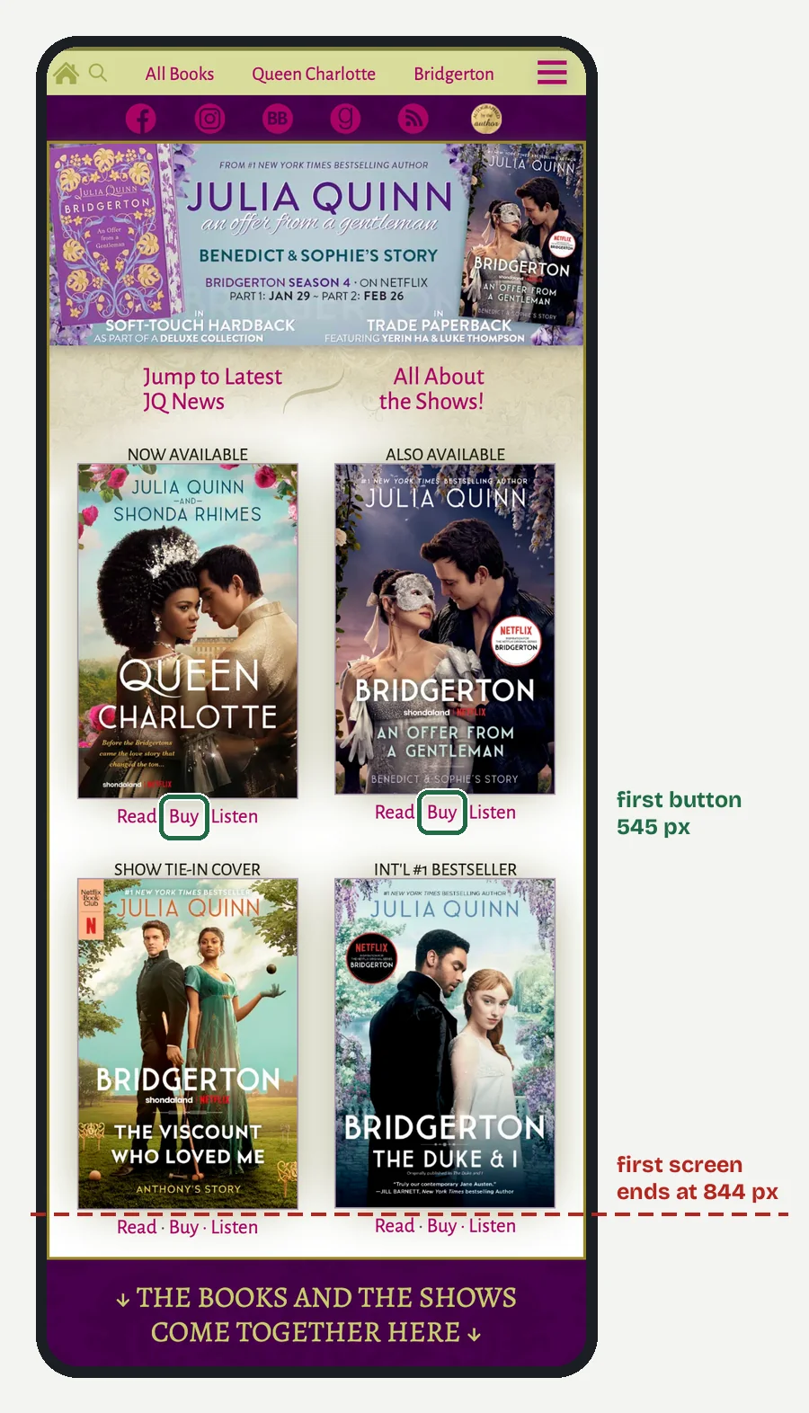 Julia Quinn's home page on a 390 px phone screen: a Bridgerton banner, then two book covers side by side with Read, Buy and Listen links under them.