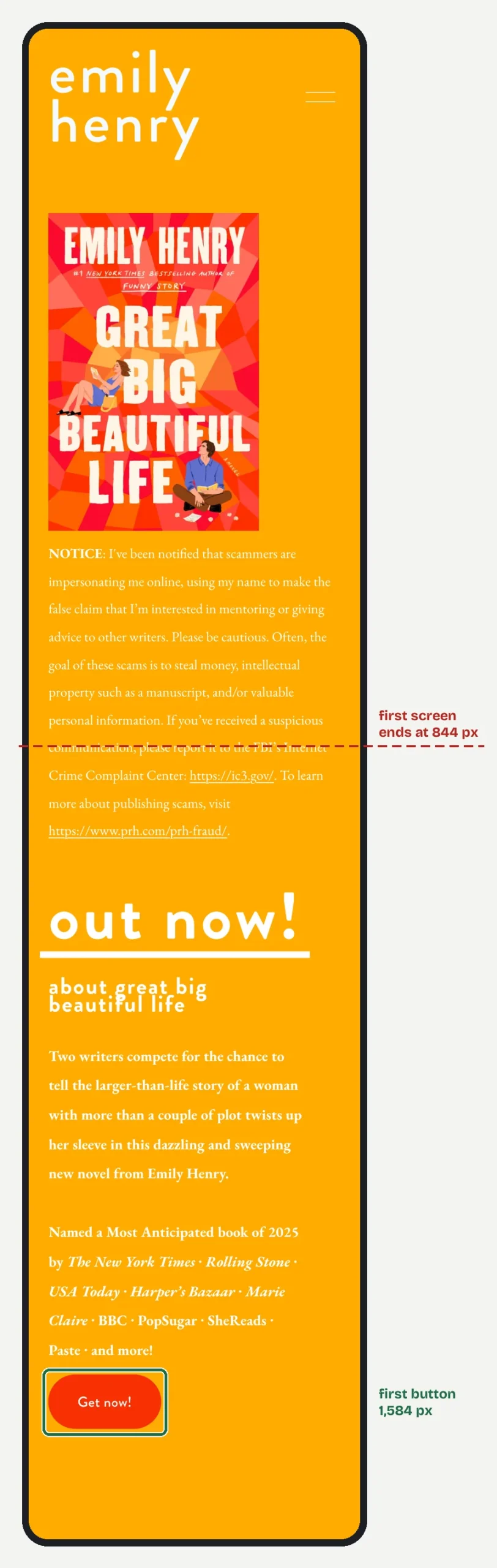 Emily Henry's home page on a 390 px phone screen: her name in white on a yellow background and the cover of Great Big Beautiful Life below it.