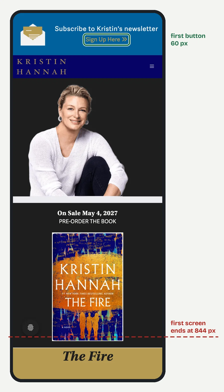 Kristin Hannah's home page on a 390 px phone screen: a blue "Subscribe to Kristin's newsletter, Sign Up Here" bar above her name, then her photo.