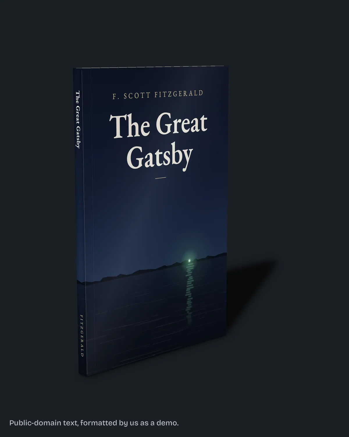 Our Great Gatsby sample as a 6 x 9 inch paperback standing, with its 0.37 inch spine.