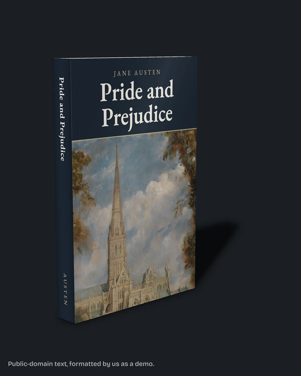 Our Pride and Prejudice sample paperback, 6 x 9 inches, standing on a dark background.