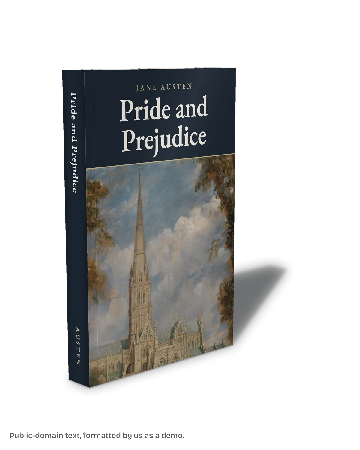 Our Pride and Prejudice sample paperback standing, with its cover and 0.96 inch spine.