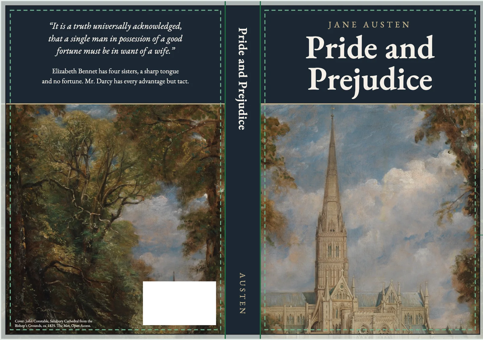 Our Pride and Prejudice sample cover as one full wrap: the back cover with a quote and blurb, a 0.96 inch spine, the KDP spine width for its page count, with title and author, and the front cover, with a clear barcode area at the bottom of the back.