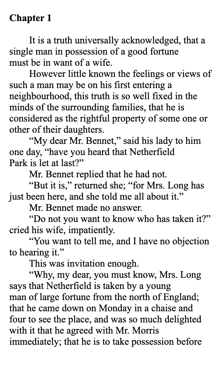 Before: Chapter 1 of Pride and Prejudice as text pasted from a PDF, with every old line ending in a hard return.