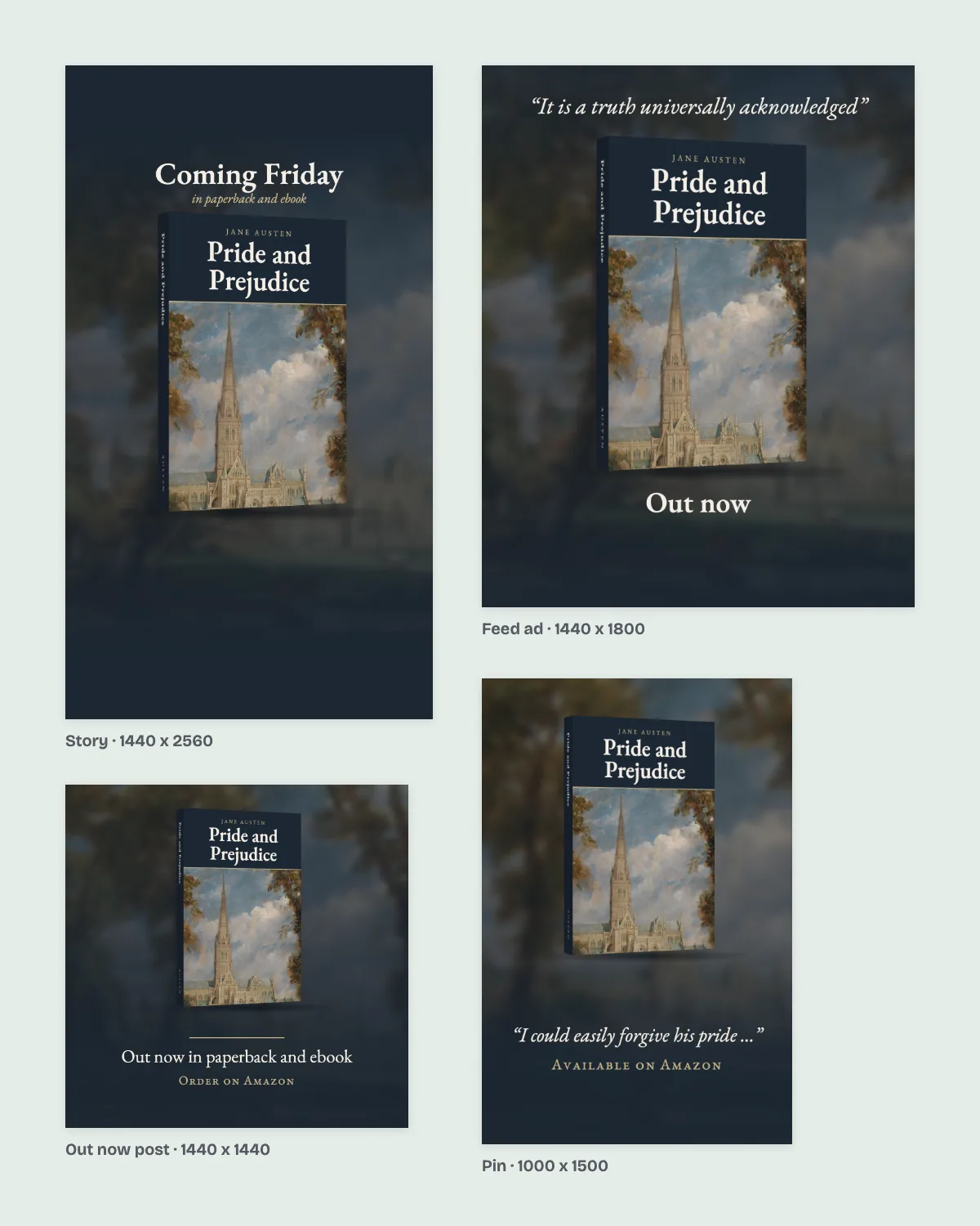 Four images from a sample launch kit for a sample Pride and Prejudice cover: a Stories countdown, a feed ad, an out now post and a Pinterest pin.