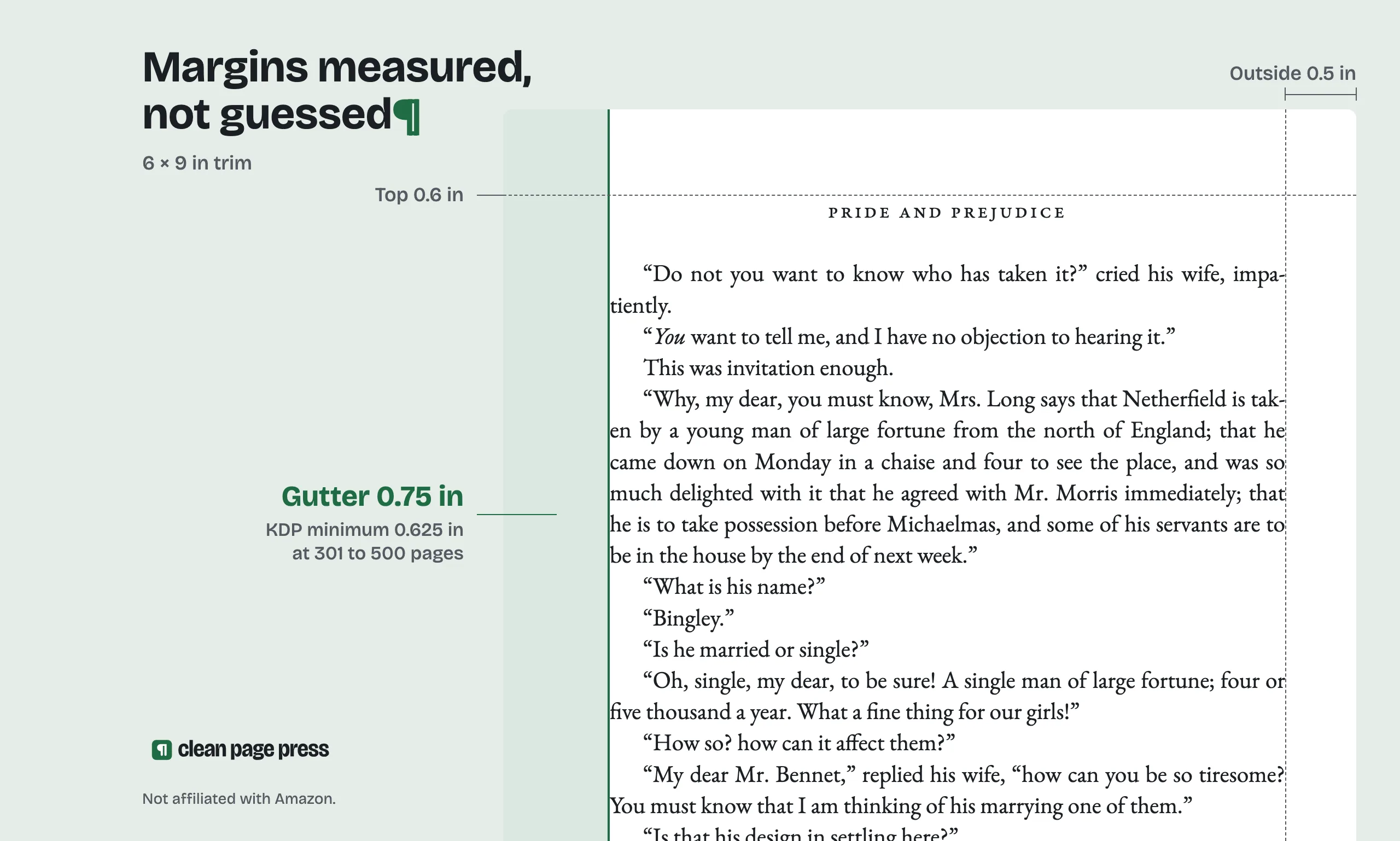 A 6 x 9 inch paperback page with its margins measured against KDP's minimum.