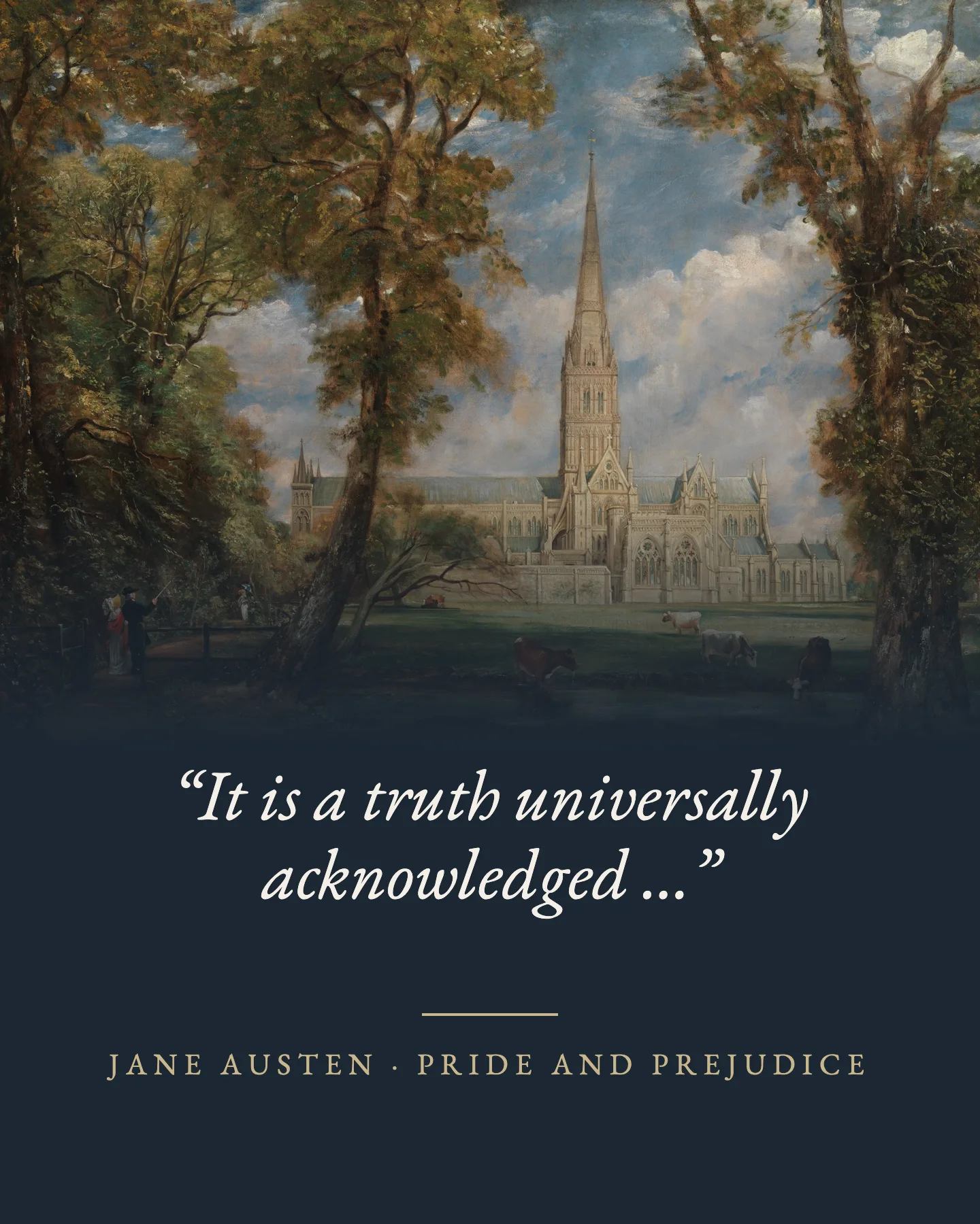 Quote card from chapter 1 · 1440 x 1800 · Instagram and Facebook feed. The novel's first line in italic under a crop of the Salisbury Cathedral painting.