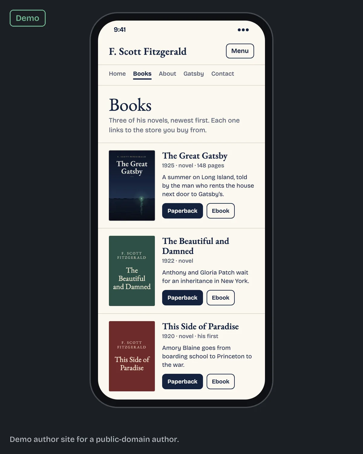 The Books page of a sample five-page author site for F. Scott Fitzgerald at phone width, with Paperback and Ebook buttons on each novel.