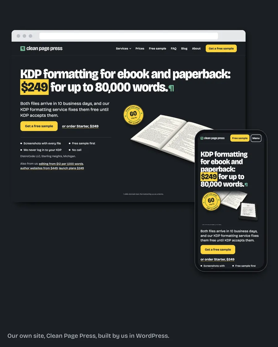 Our own Clean Page Press home page in a laptop browser and on a phone, built by us in WordPress.