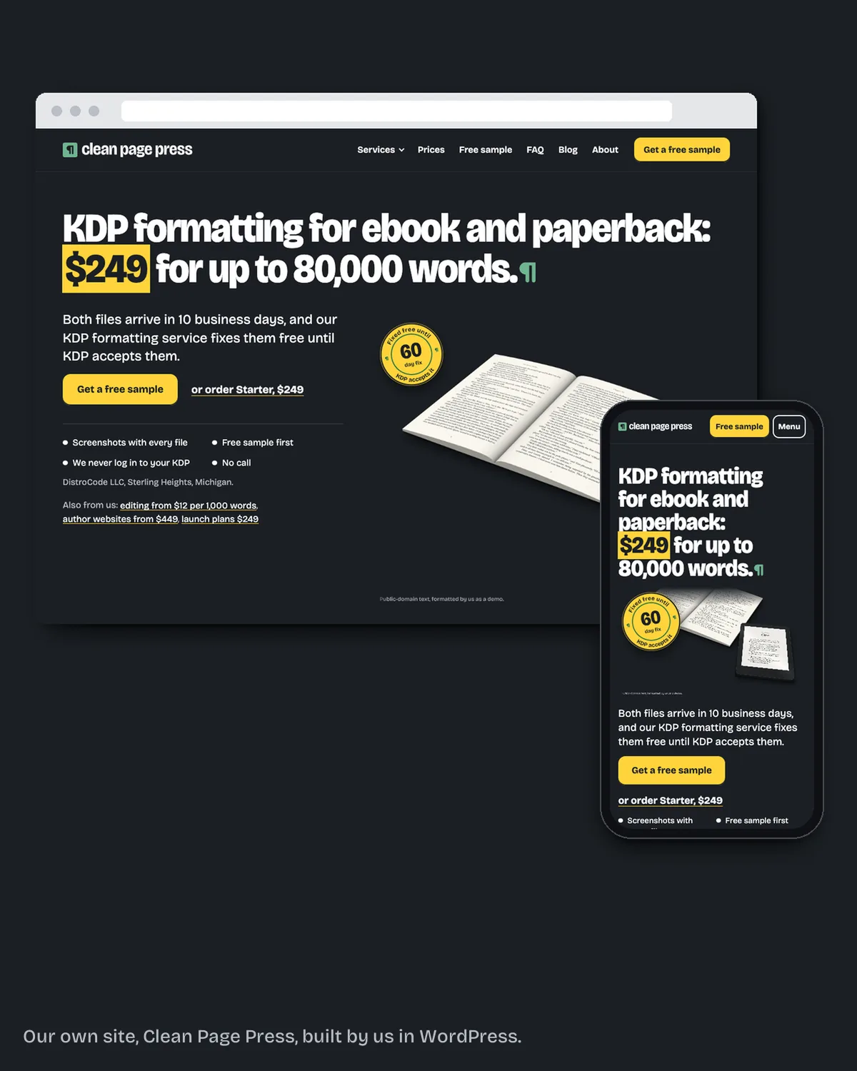 Our own Clean Page Press home page in a laptop browser and on a phone, built by us in WordPress.
