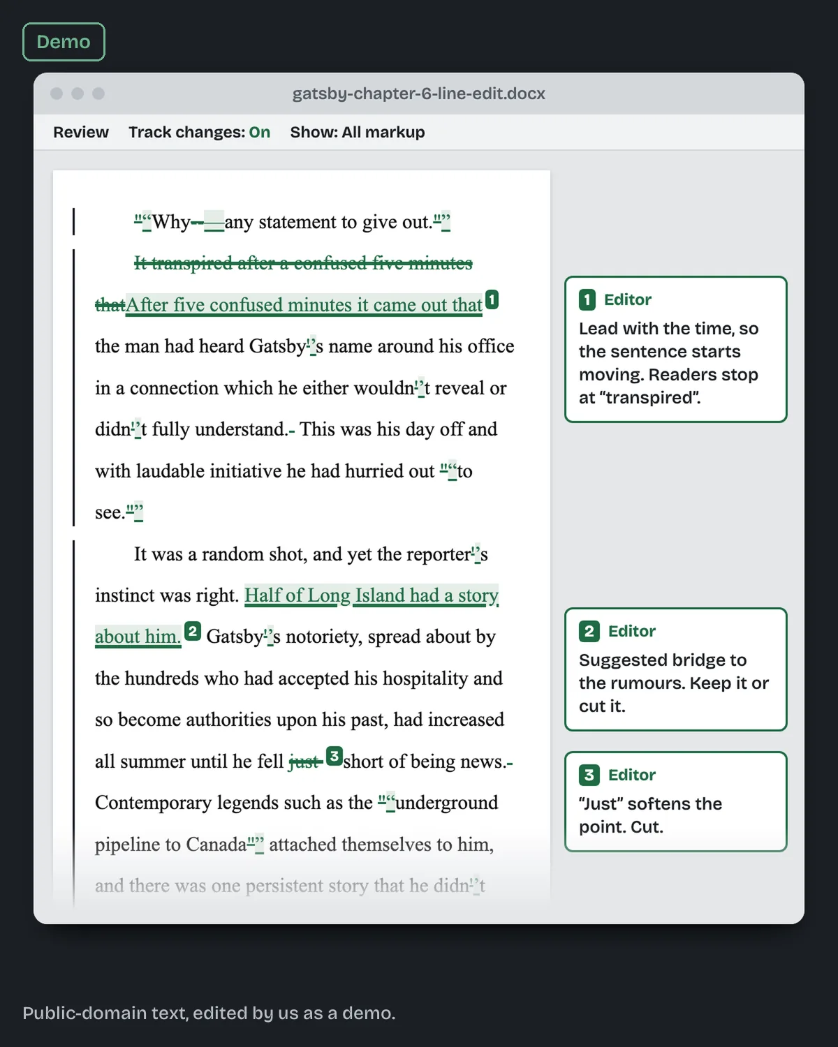 A page of our Gatsby sample with its real tracked changes, as an edit comes back.