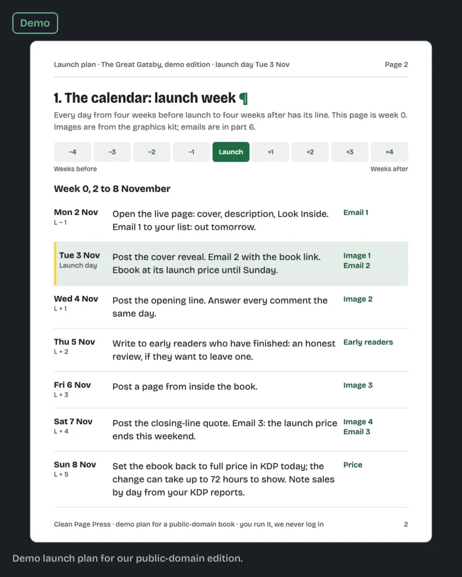 Page two of our sample launch plan: a dated launch-week calendar with Email 1, 2 and 3 marked. Made by Clean Page Press.