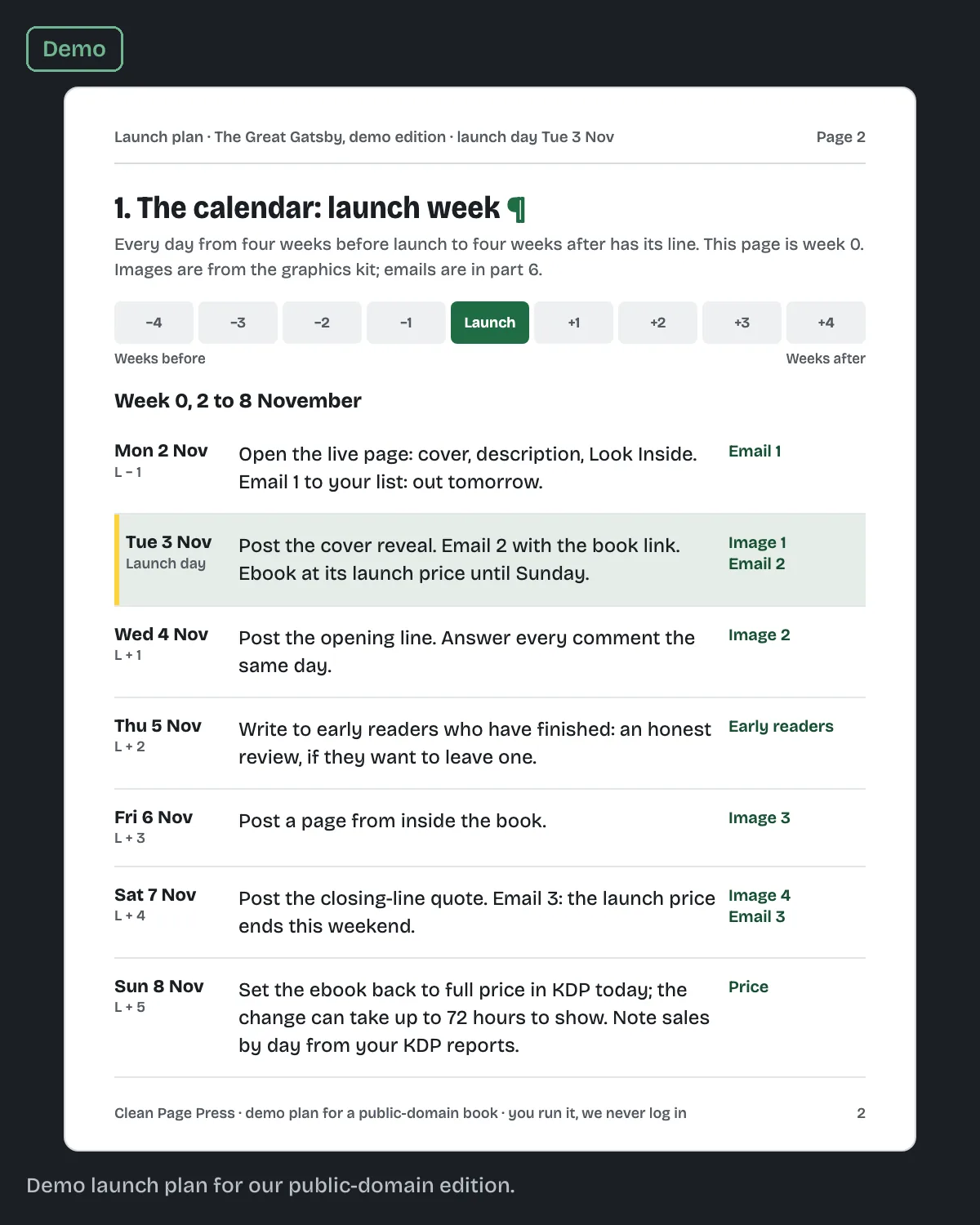 Page 2 of a sample launch plan: a calendar from four weeks before launch to four weeks after, with a task for each day of launch week.