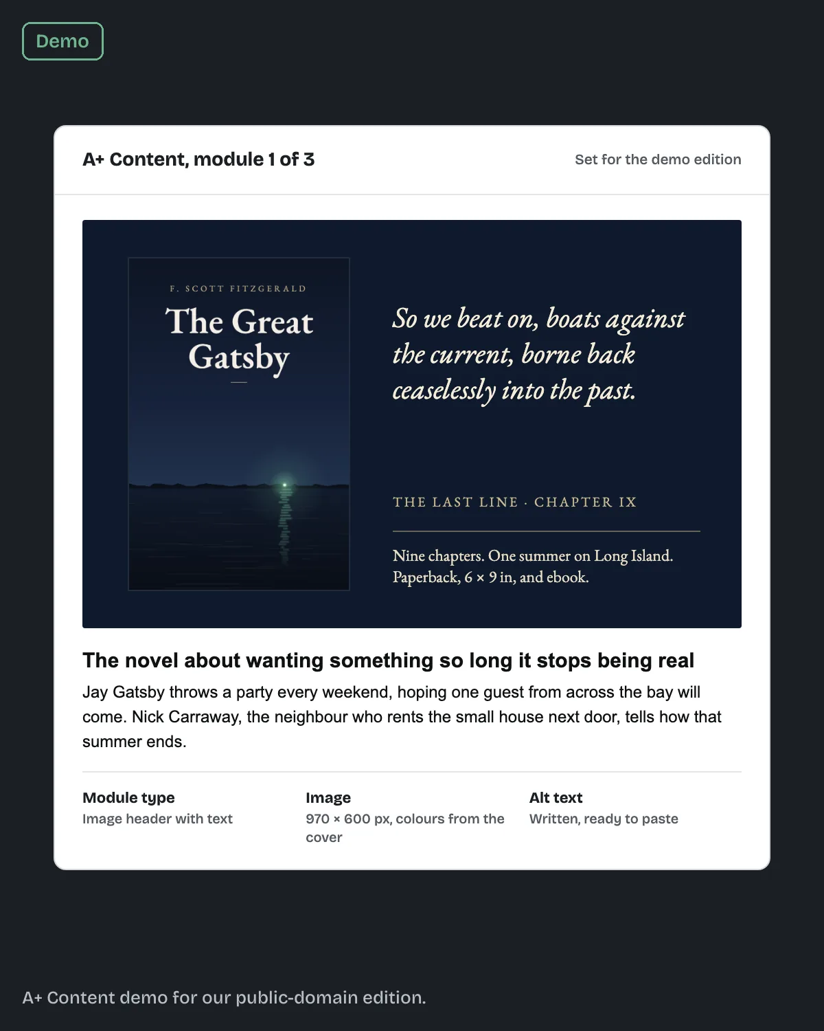 A sample A+ Content module for our Great Gatsby edition: an image header with text, with the module headline and body below.