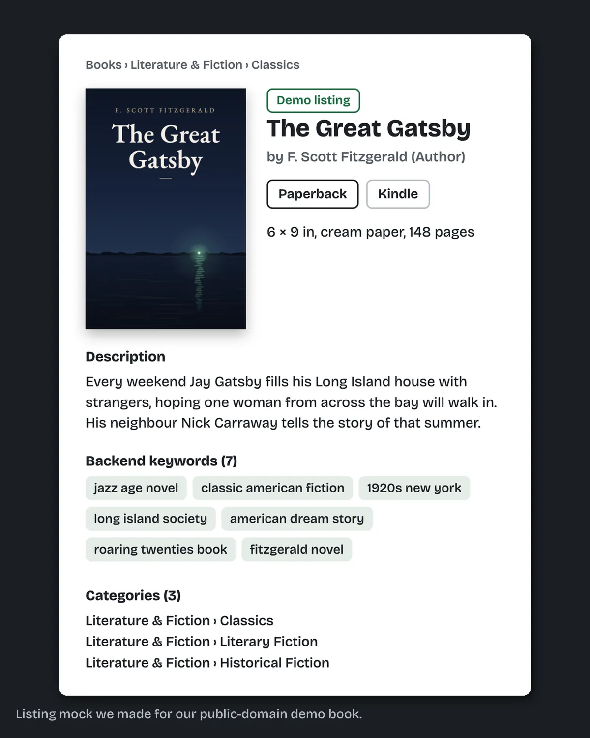 A sample book listing with its description, keywords and categories, without Amazon marks.