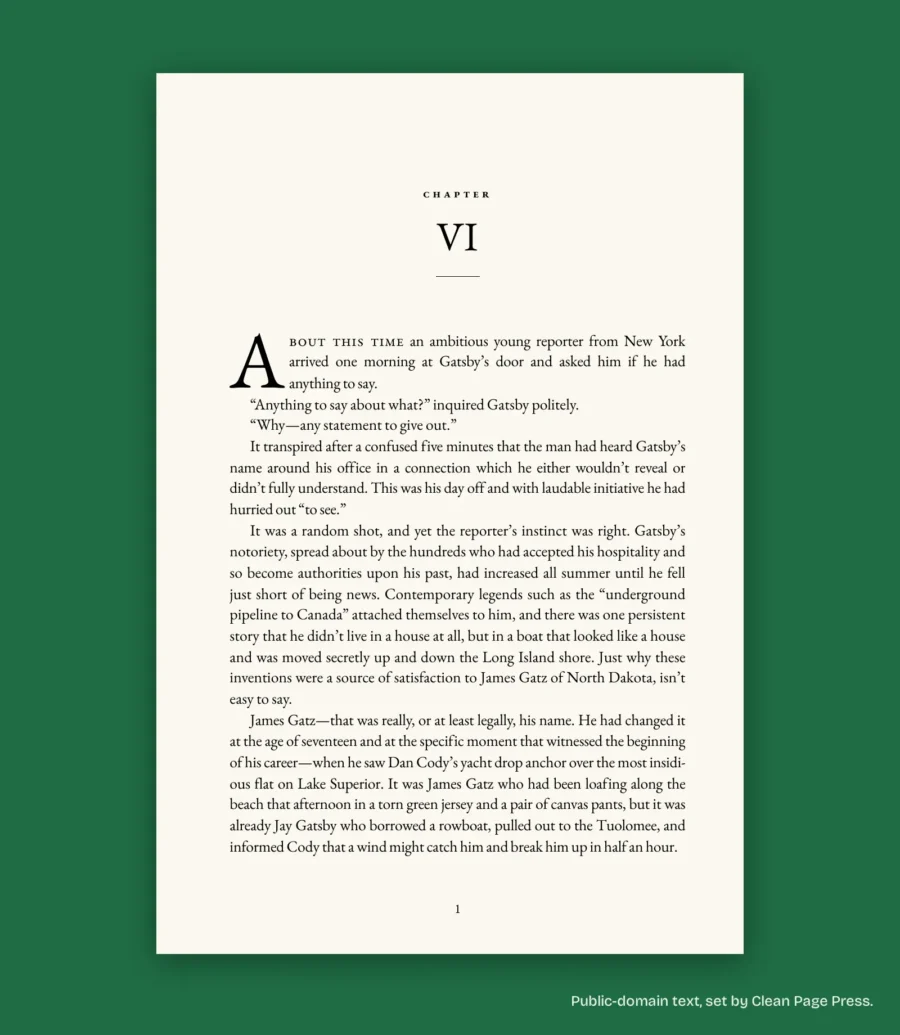 One page of our Great Gatsby sample set at 6 x 9 inches: the chapter VI opener with a drop cap and page number 1.