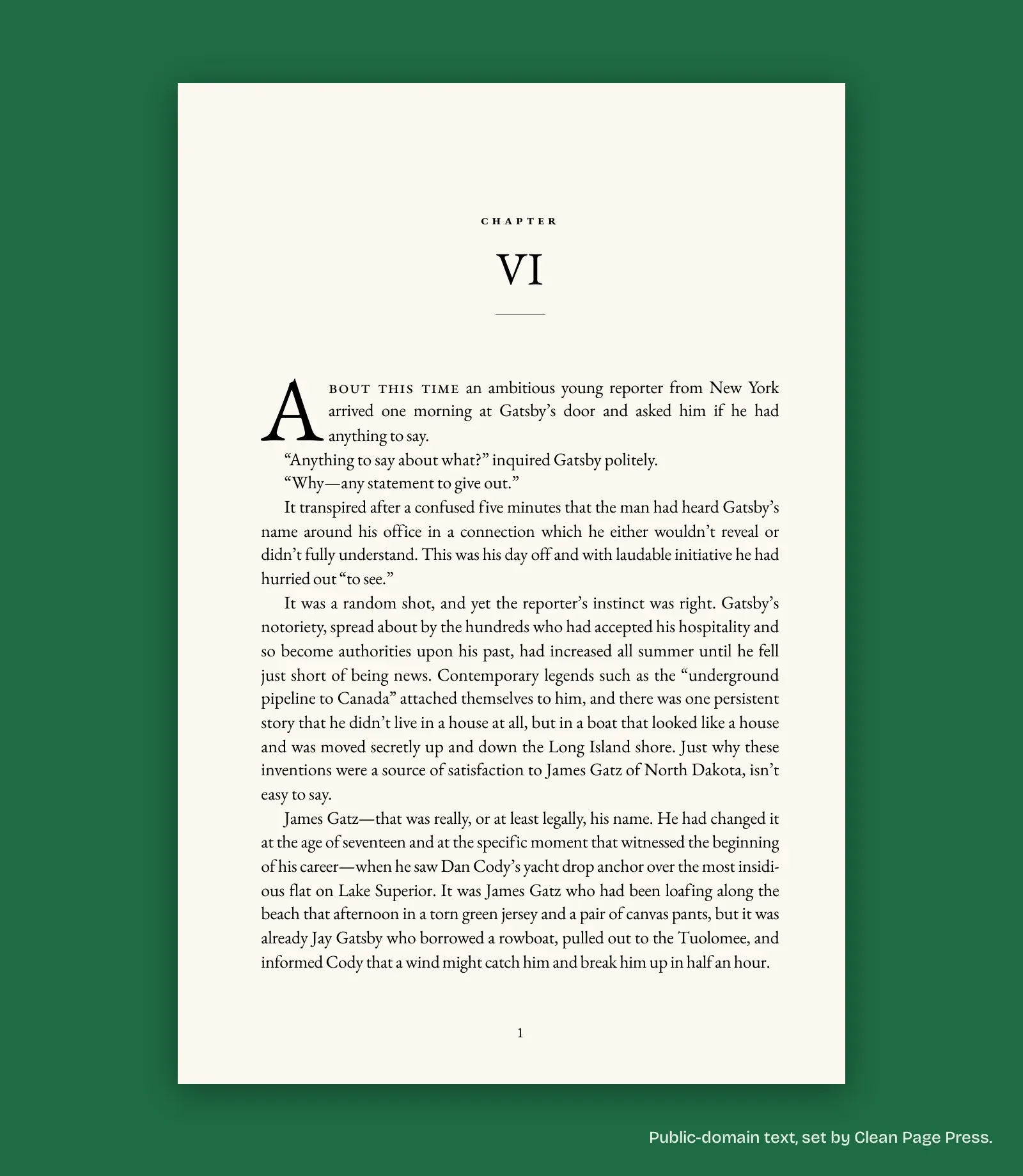One page of our Great Gatsby sample set at 6 x 9 inches: the chapter VI opener with a drop cap and page number 1.