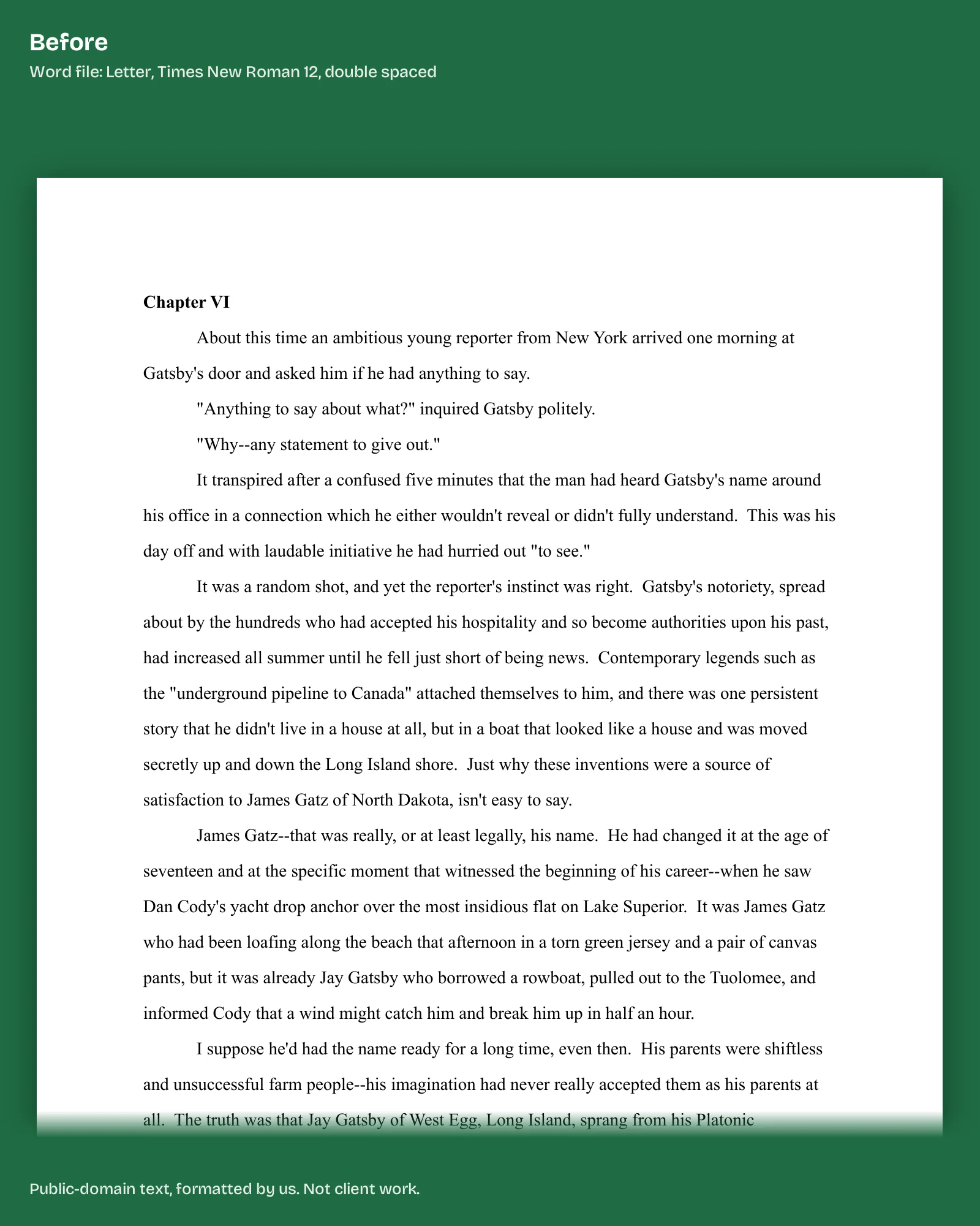 Before: a Word manuscript like a KDP rejected file, a Letter page for a 6 x 9 inch book, Chapter VI in Times New Roman 12, double spaced.