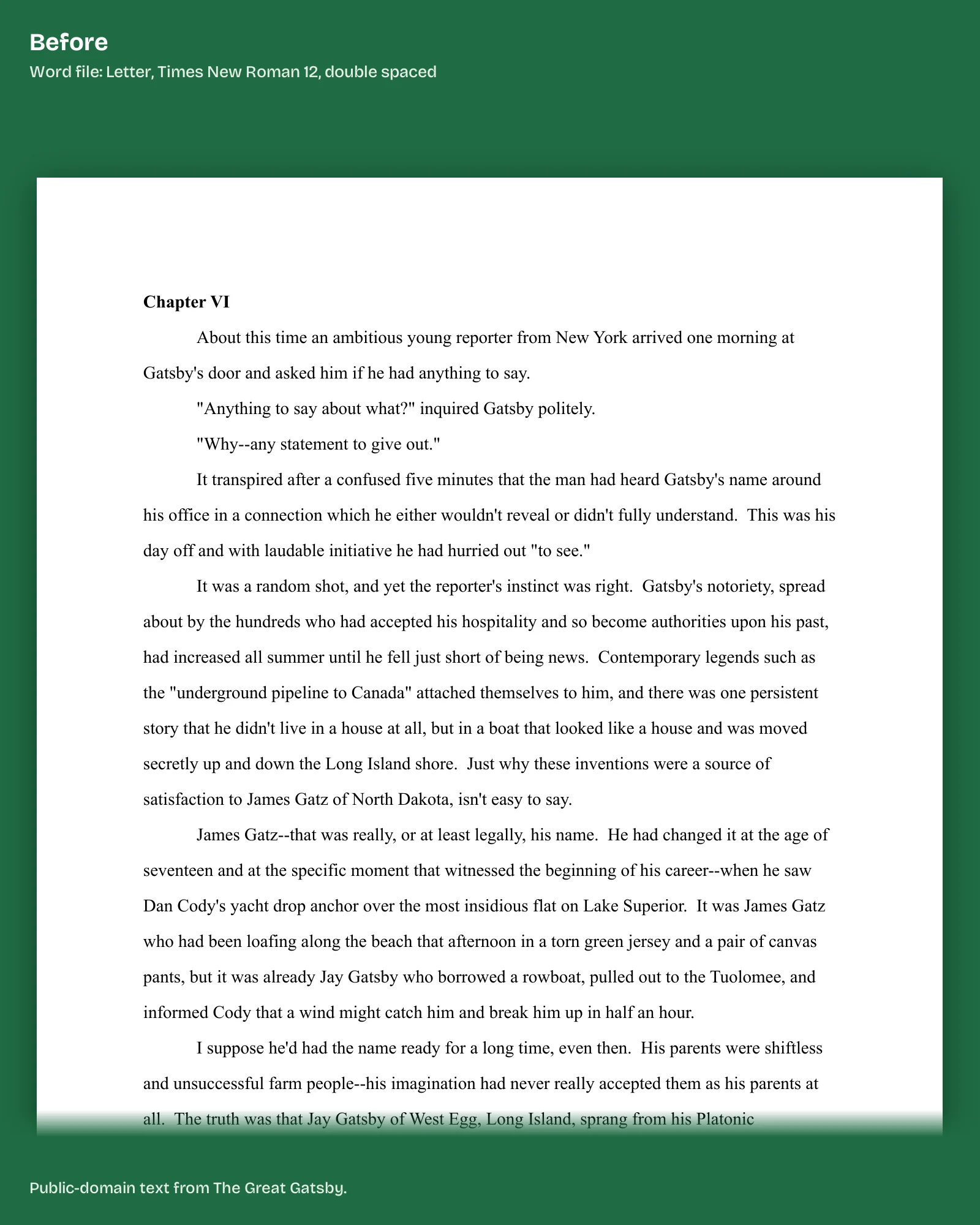 Before: page 1 of the Word manuscript, Chapter VI in Times New Roman 12, double spaced, on a Letter page.