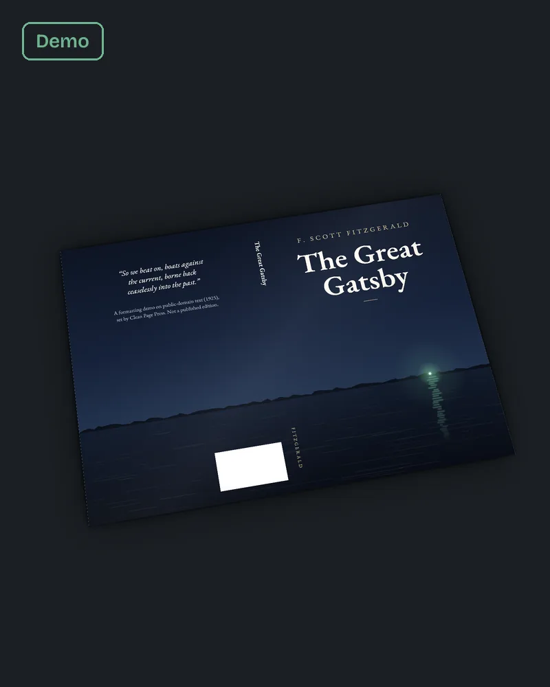 Our Great Gatsby sample cover as a full wrap for KDP: back, spine and front laid flat with the barcode box.