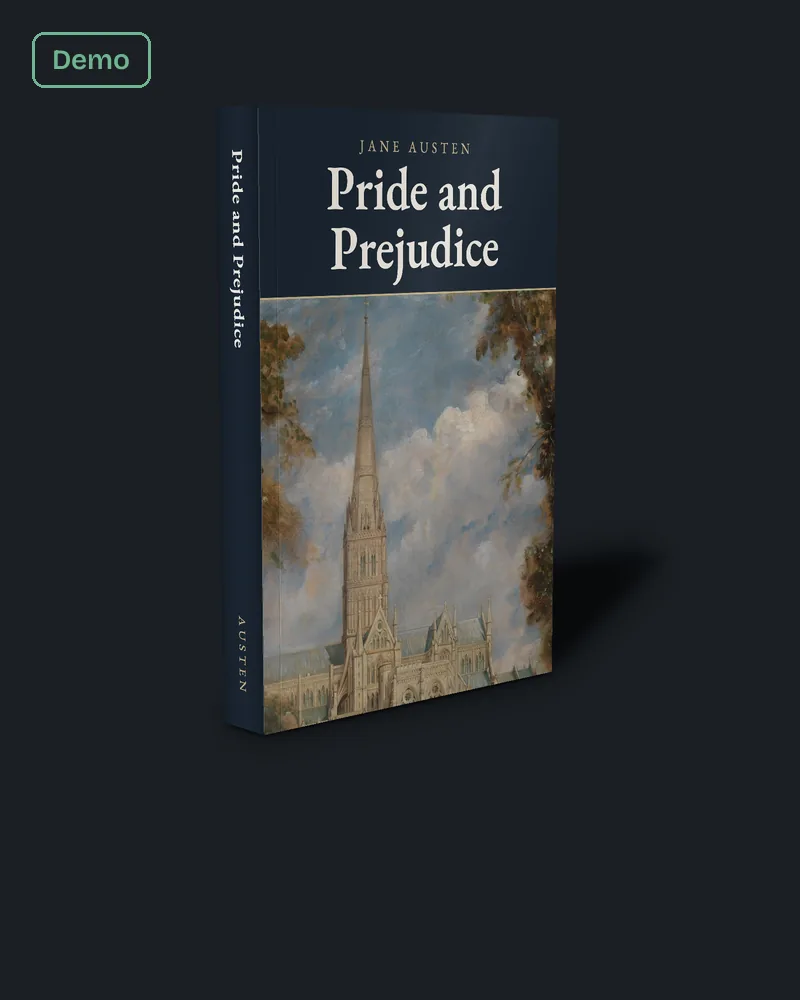 Our Pride and Prejudice sample paperback, 6 x 9 inches with a 0.96 inch spine, standing on a dark background.