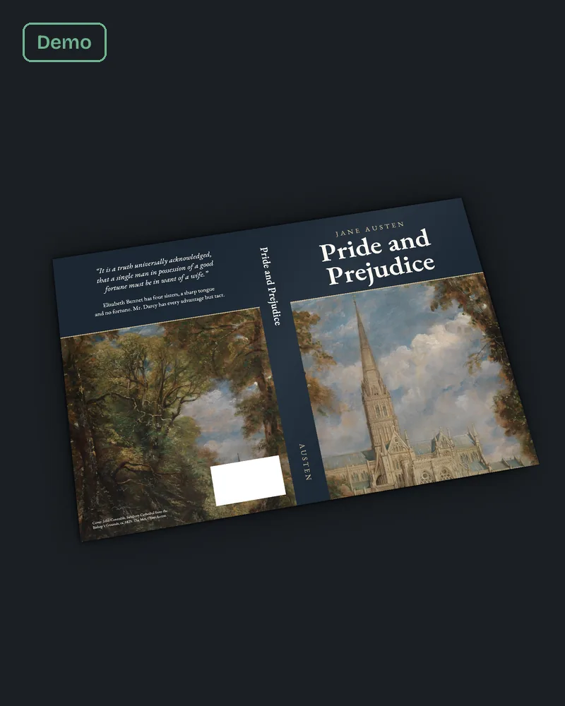 Sample: Pride and Prejudice, full cover wrap for KDP. Public-domain text, formatted by us.