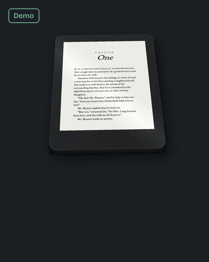 Chapter one of our Pride and Prejudice sample ebook on an e-reader, the chapter heading at the top of its own page.
