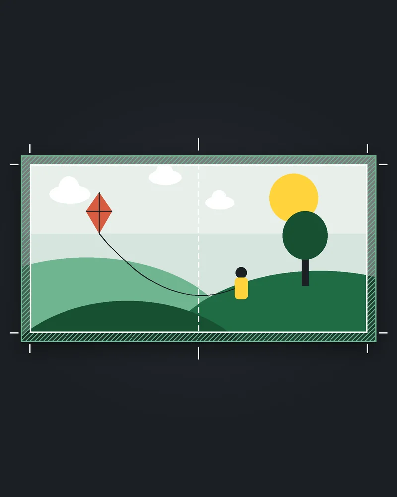 A square picture-book spread with a kite flying over green hills. A hatched band on the top, bottom and outer edges marks the bleed the art must extend into past the trim line; there is no bleed at the spine.